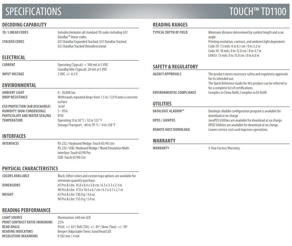 Datalogic TD1100 Touch 90 Corded Handheld Bar Code Reader