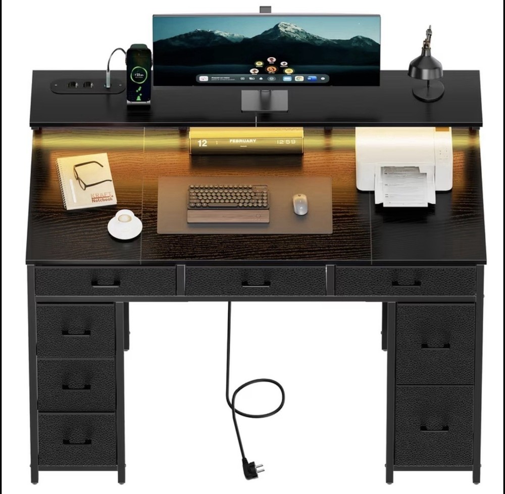 Desk 8 Drawers Modern Office Table LED Mobile Socket PC Studio