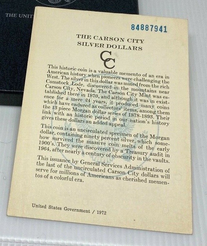 1884 GSA COA Certificate Original Card for CC Morgan Silver Dollar (1card)