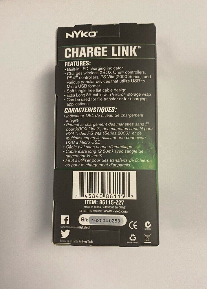 Nyko Charge Link - Micro-USB Controller Charge and Sync Cable for Xbox One