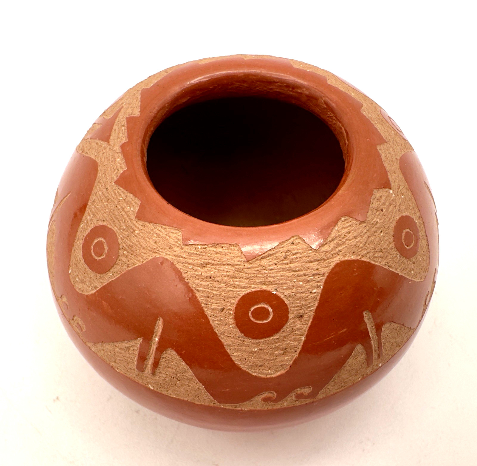 2.5" Ildefonso Pueblo Sgraffito Avanyu Redware Pottery Jar - Alfred Aguilar