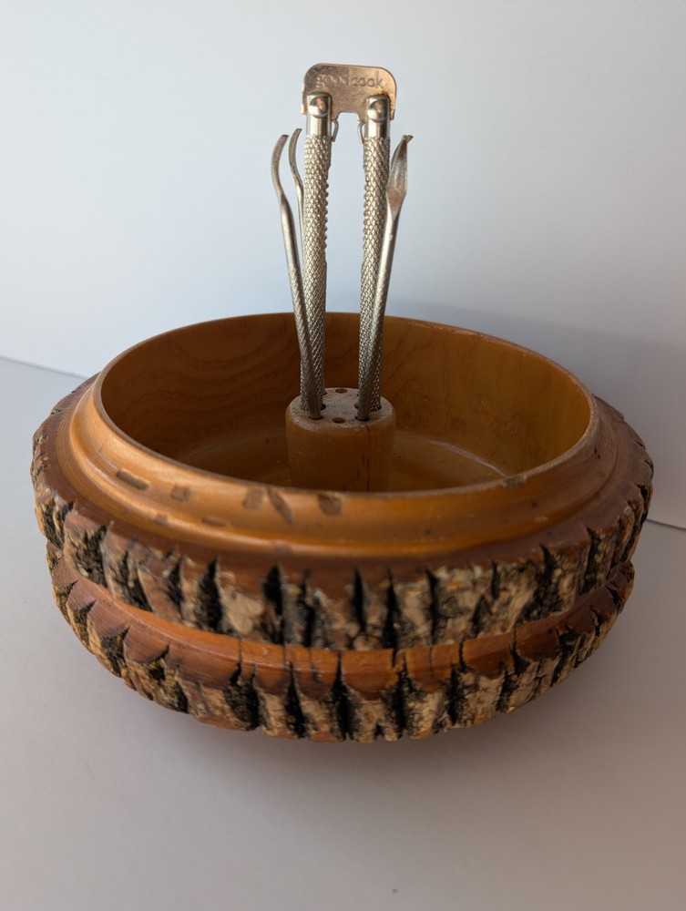 Vintage Rusticware Nut Bowl Set With Edge Tree Bark Nutcracker