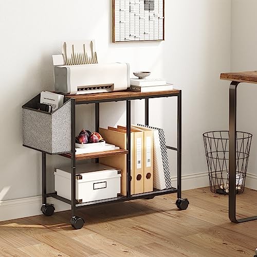 Printer Stand with Storage Bag, 3-Tier Mobile Under Desk Printer Rustic Brown