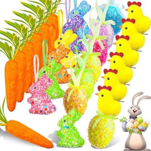 24 Packs Easter Egg Ornaments Easter Tree Ornament Colorful Eggs Foam Rabbit