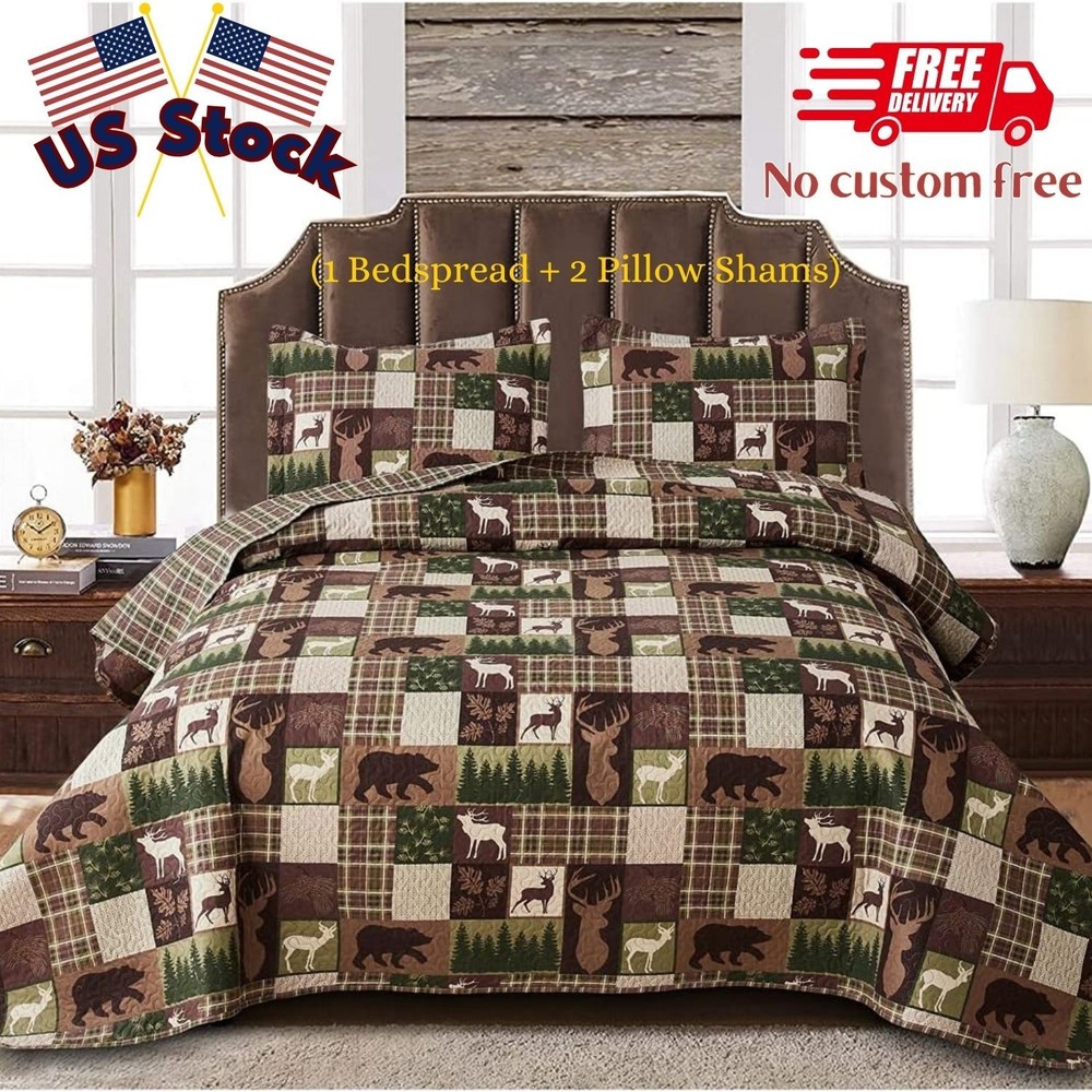 Reversible Moose Bear Quilt King Size Rustic Cabin Bedding Set