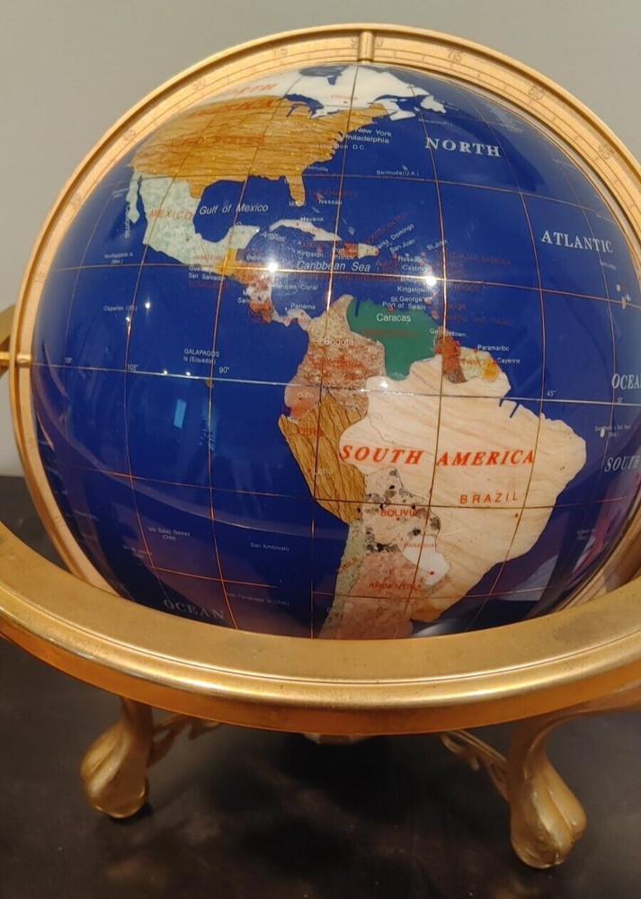 Large 12" Natural Gemstone World Globe & Compass Solid Brass Tripod Footed Stand