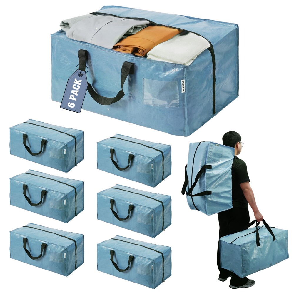 WORKPRO 6 Pack Extra Large Moving Bags Heavy-Duty Storage Tote w/Backpack Straps