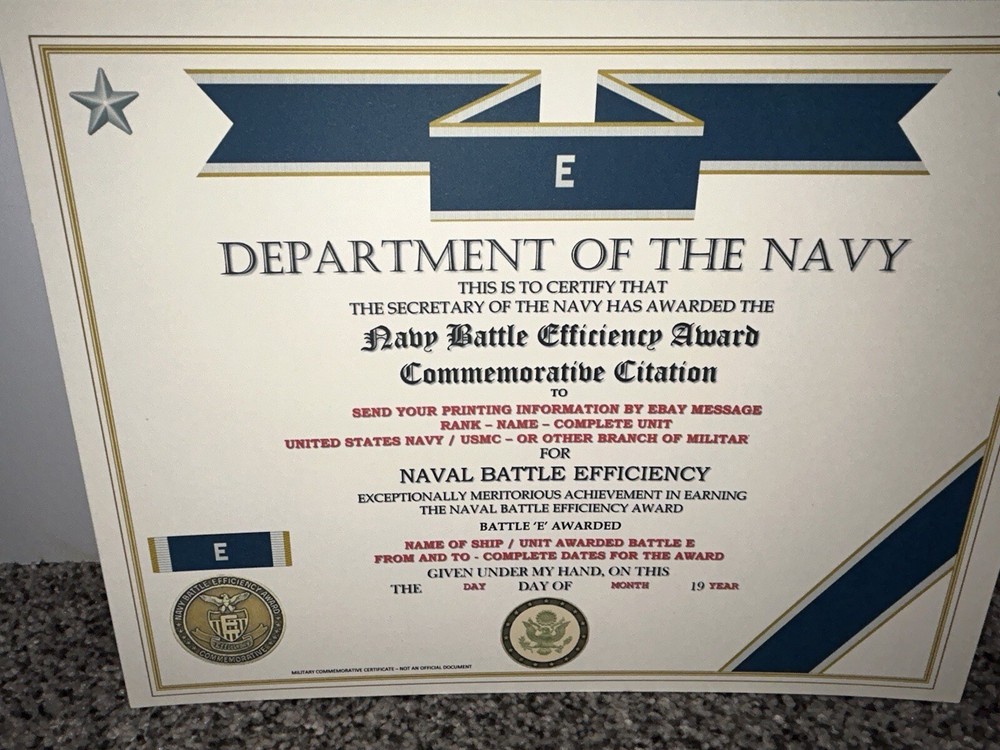 NAVY BATTLE EFFICIENCY AWARD COMMEMORATIVE CERTIFICATE ~ TYPE-2 / W/PRINTING