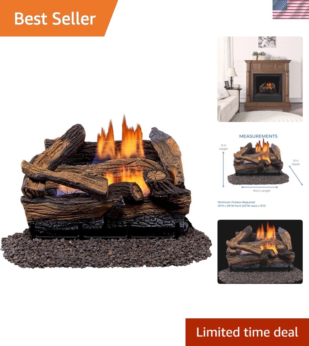 Split Red Oak Ventless Log Set – 18 Inch, 30,000 BTU, Dual Fuel Propane/Natur...