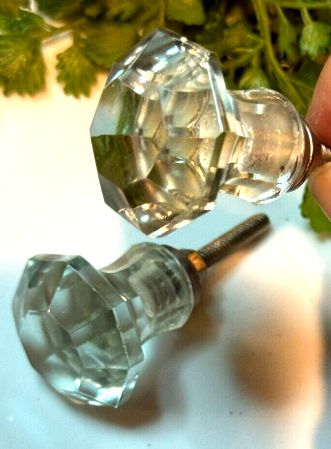 4; Glass Cabinet Knobs Clear Glass Drawer Pulls Depression Era Style w/Hardware