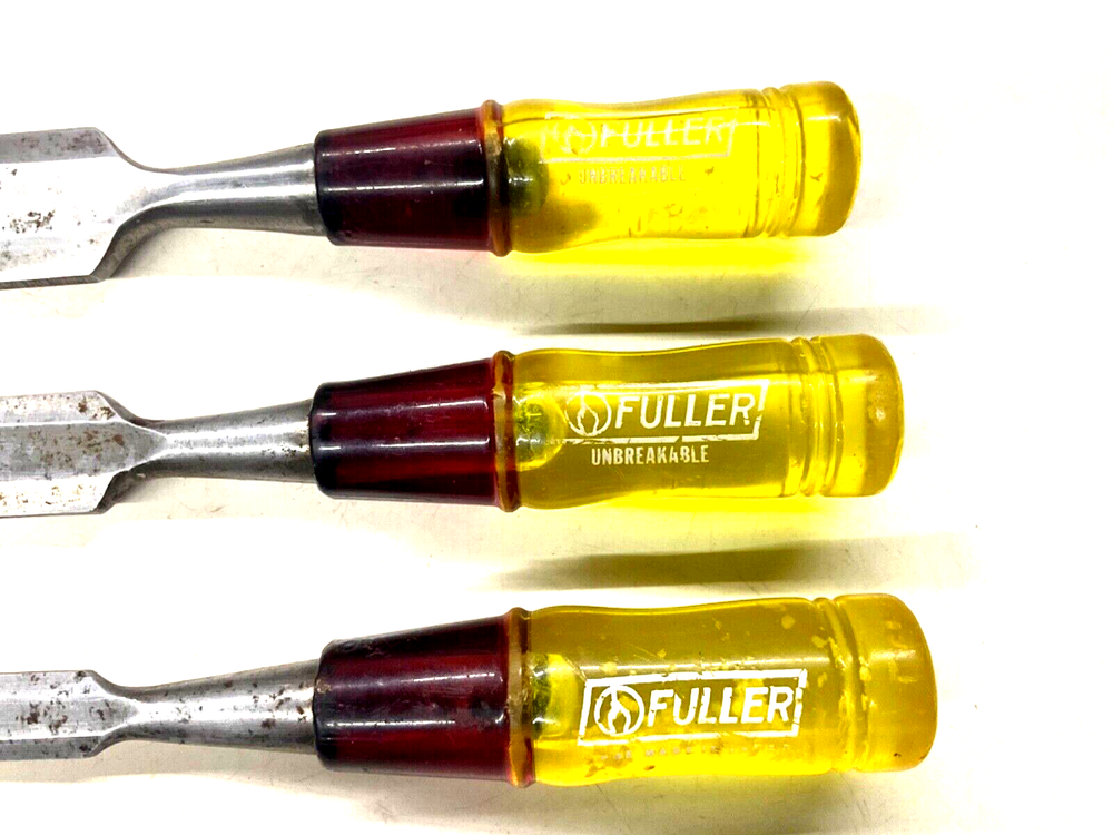 VINTAGE FULLER TOOLS UNBREAKABLE WOOD CHISEL SET, 1/2”, 3/4”, 1”