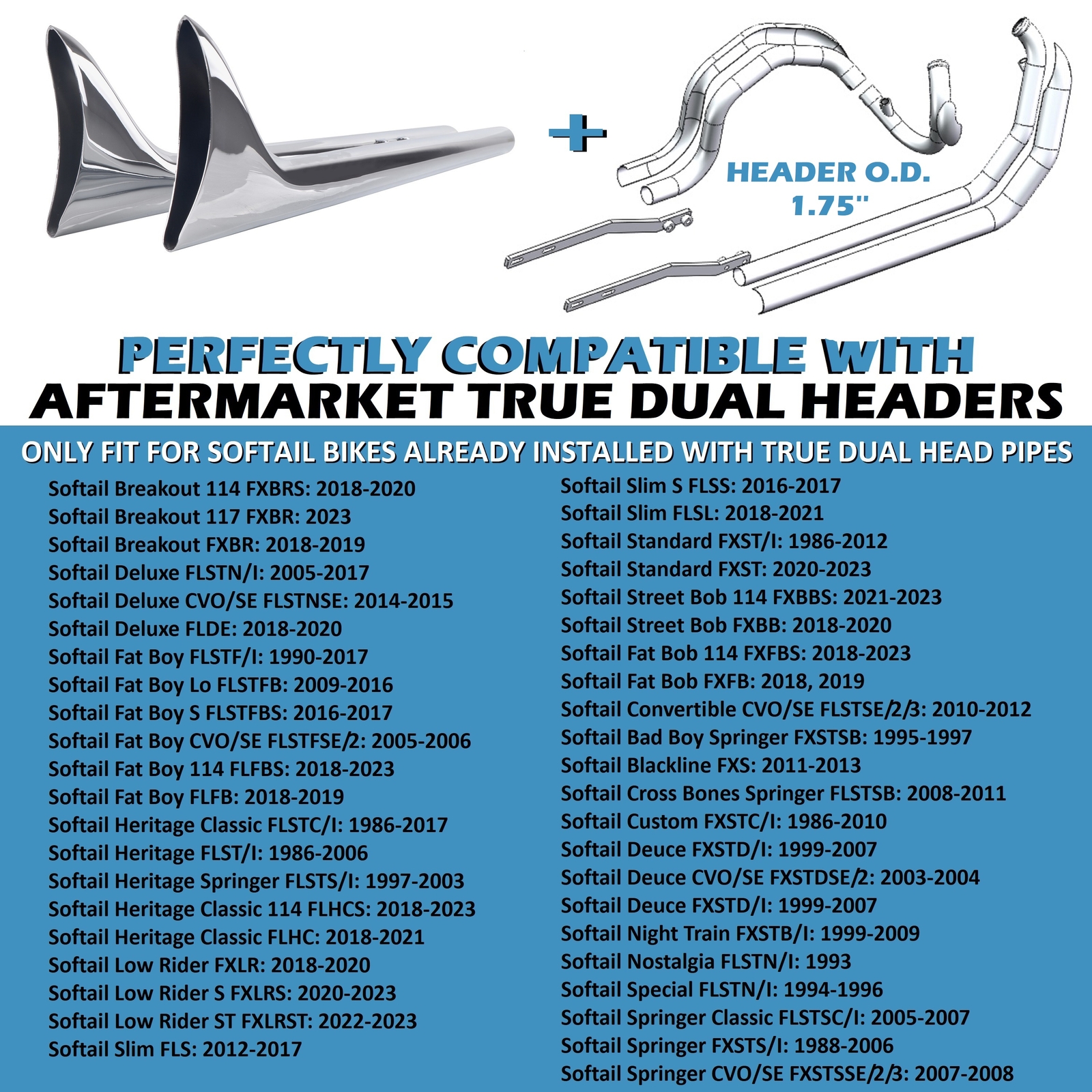 39'' Fishtail Pipes for Harley Softail with 1.75'' True Dual Exhaust Head Pipes