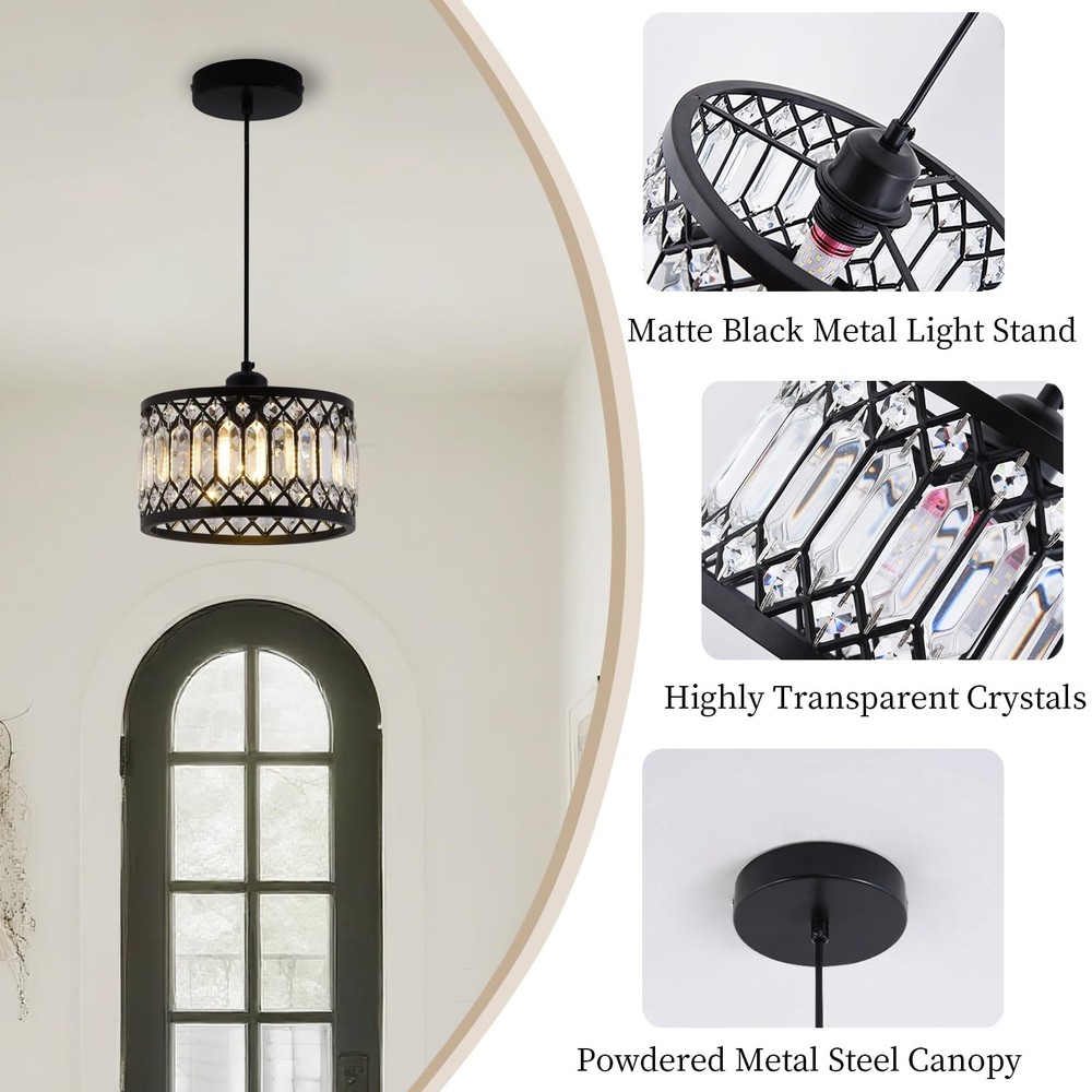 Crystal Black Pendant Light Fixture, Modern Hanging Ceiling Light Adjustable ...