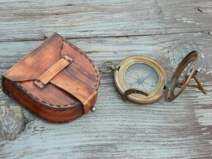 Engraved Solid Brass , Sundial Push Button Compass for Camping, Hiking, Touring