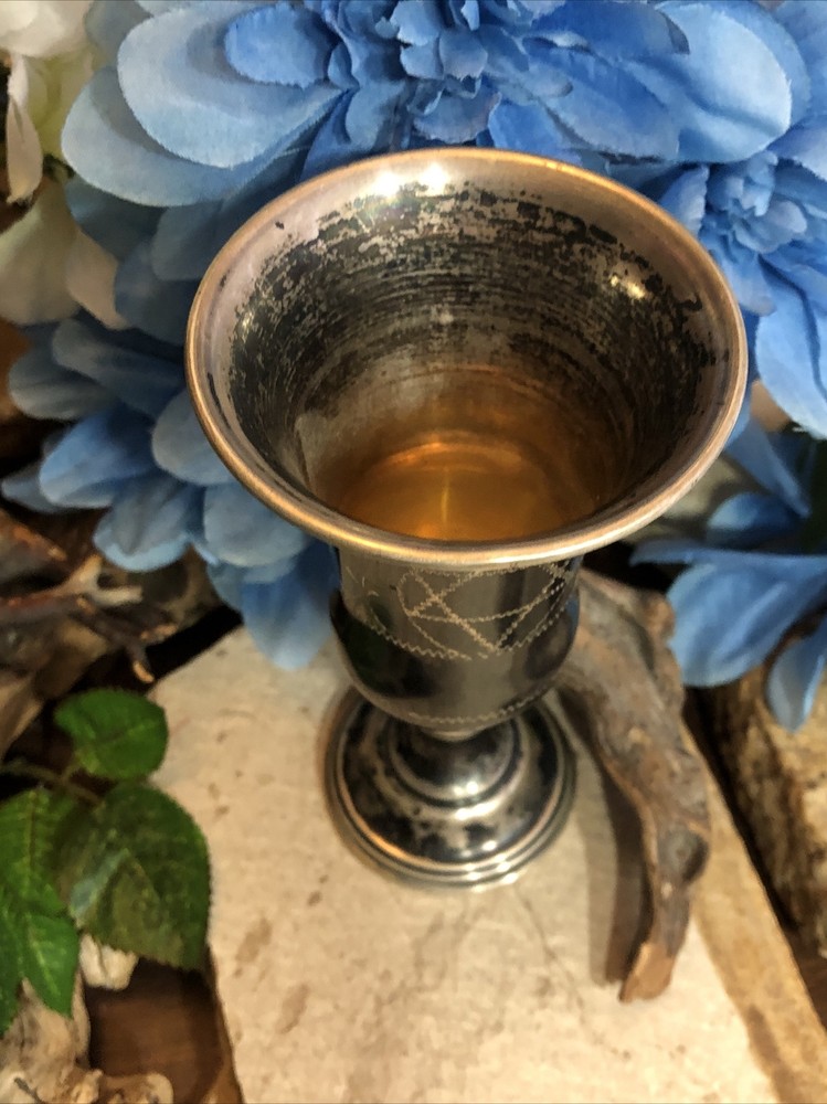 14. Solid Silver Judaica Engraved Vine Kiddush Foot Cup 90g, 5 3/8"