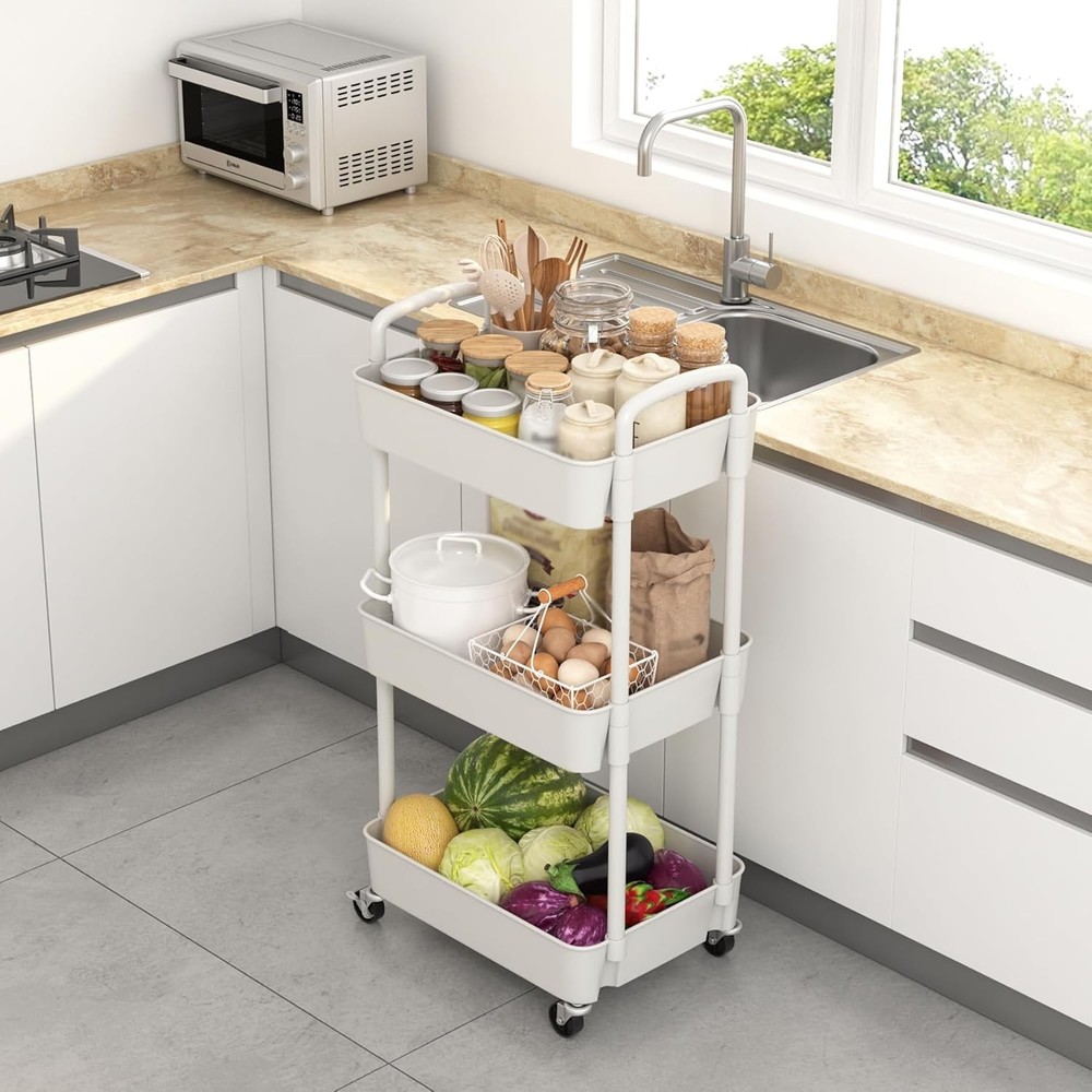White 3-Tier Rolling Utility Cart - Easy Assembly