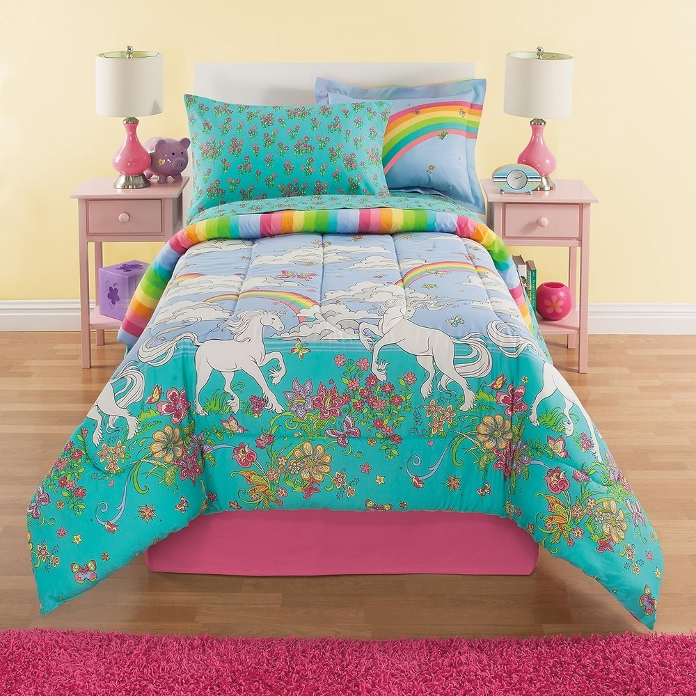 Rainbow Unicorn 7-Piece Bed in a Bag Set - Full Size, Reversible Comforter