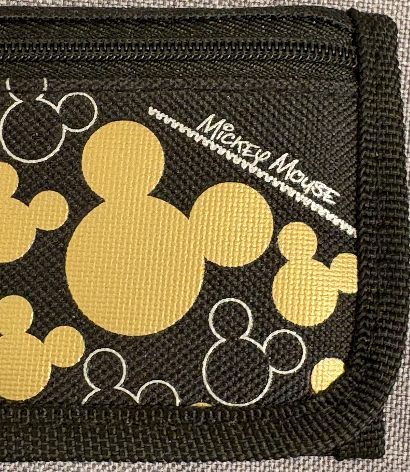 New Disney Mickey Mouse Black and Gold Canvas Trifold Wallet w/Zippered Pocket