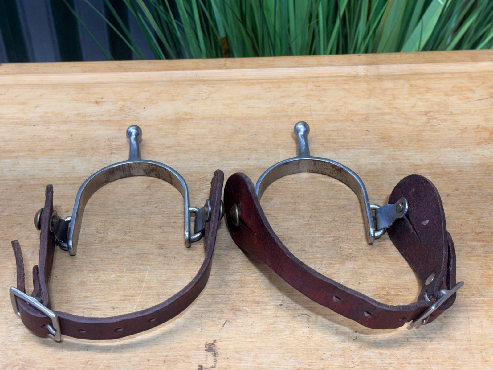Stainless Steel BALL END Western Spurs w Leather Straps