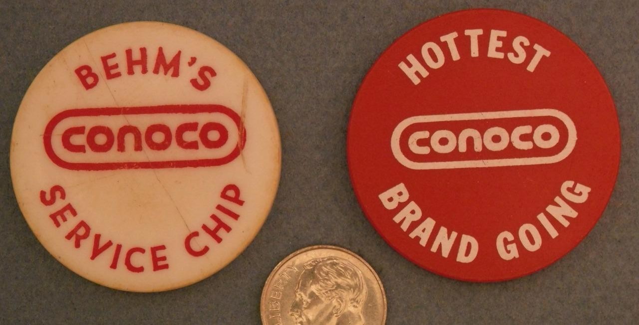 2 Conoco Plastic Tokens Pepsi Logo on one with Behm's Service Chip tray17-24