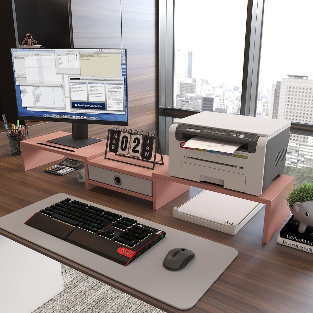 WESTREE Dual 3 Shelf Computer Riser with Drawer, Adjustable Length and Angle,...