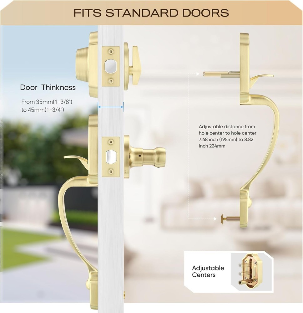 Elegant Gold Front Door Handle & Deadbolt Set, Keyed Different, Reversible