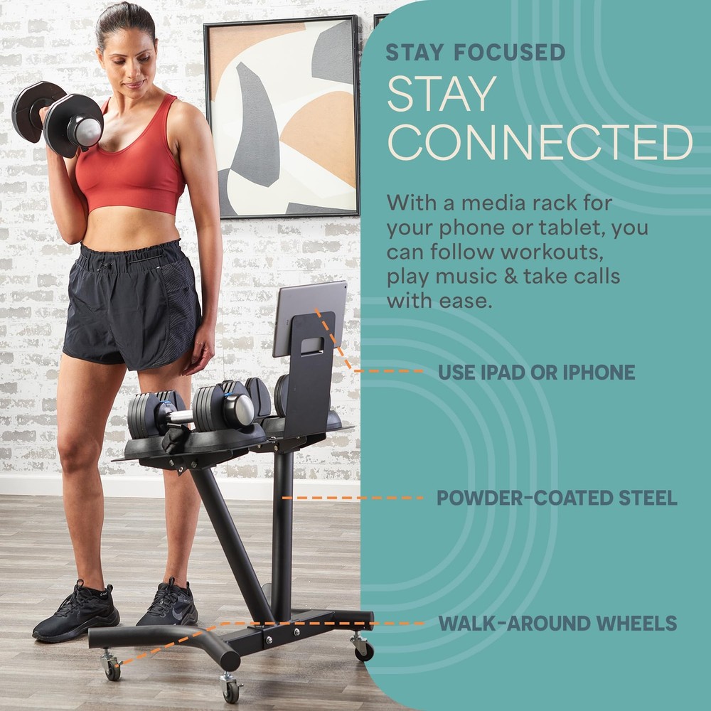 Adjustable Dumbbell Stand with Wheels & Tablet Holder SpaceSaving Rack