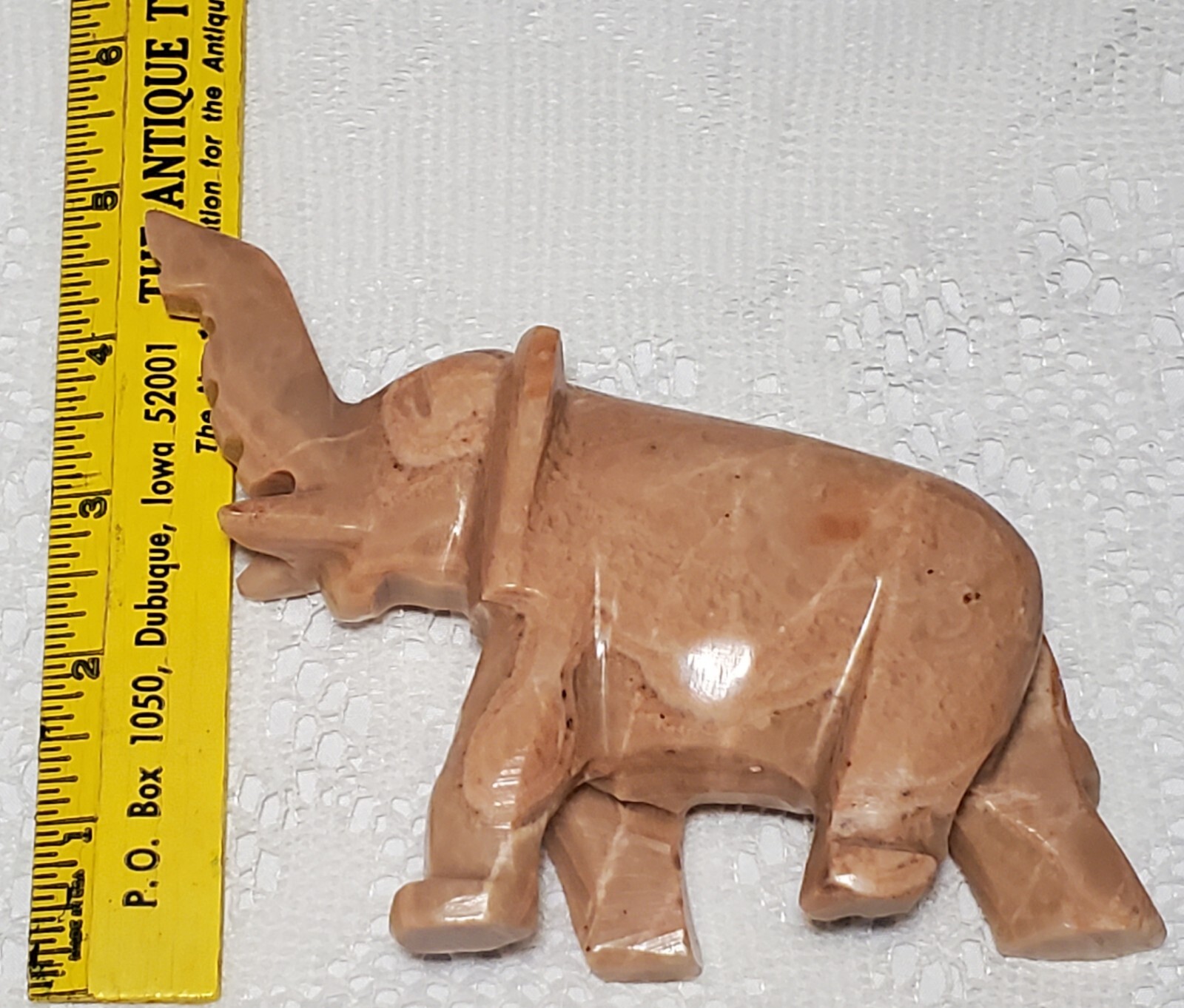 Natural Pink Blush Stone Elephant Hand Carved Marble Trunk Up for Good Luck Vtg