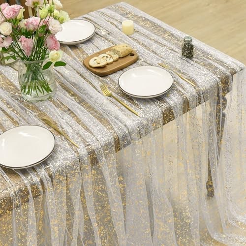 Gauze Tablecloth 60x84 Inch Rectangular, 60" x 84" (Rectangular) Beige Gold