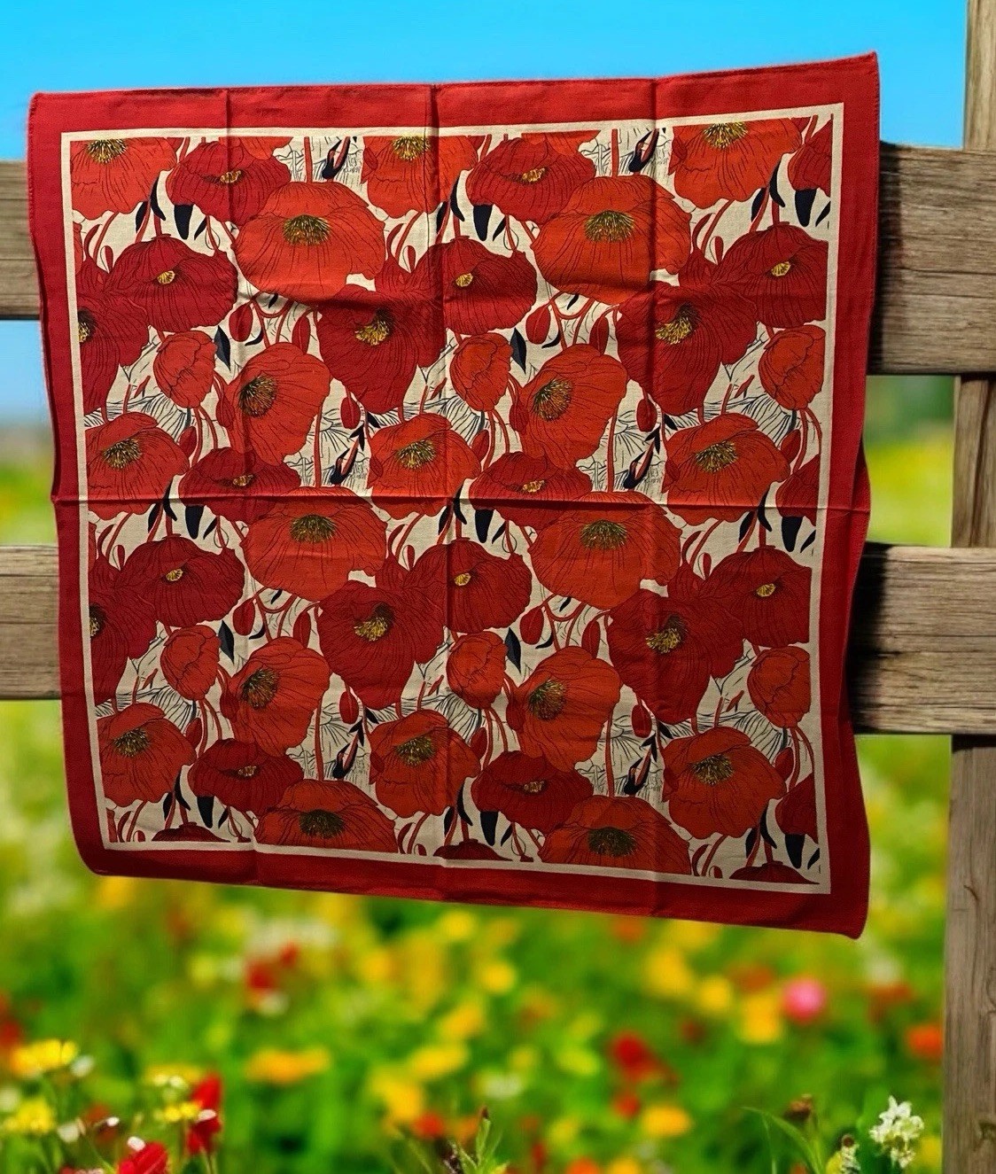 Poppies  Bandana New  Red Scarf  Neck Wrap Flowers 100% Cotton Floral Spring