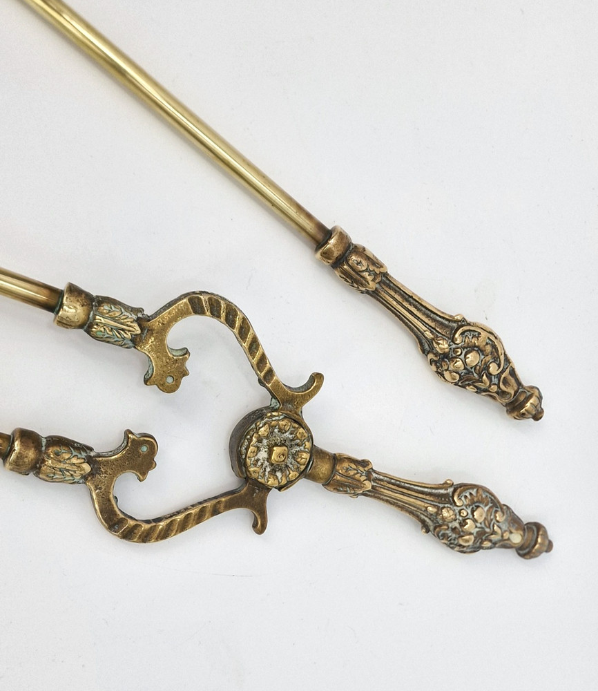Antique Solid Brass Fire Irons Tools - Tongs & Shovel
