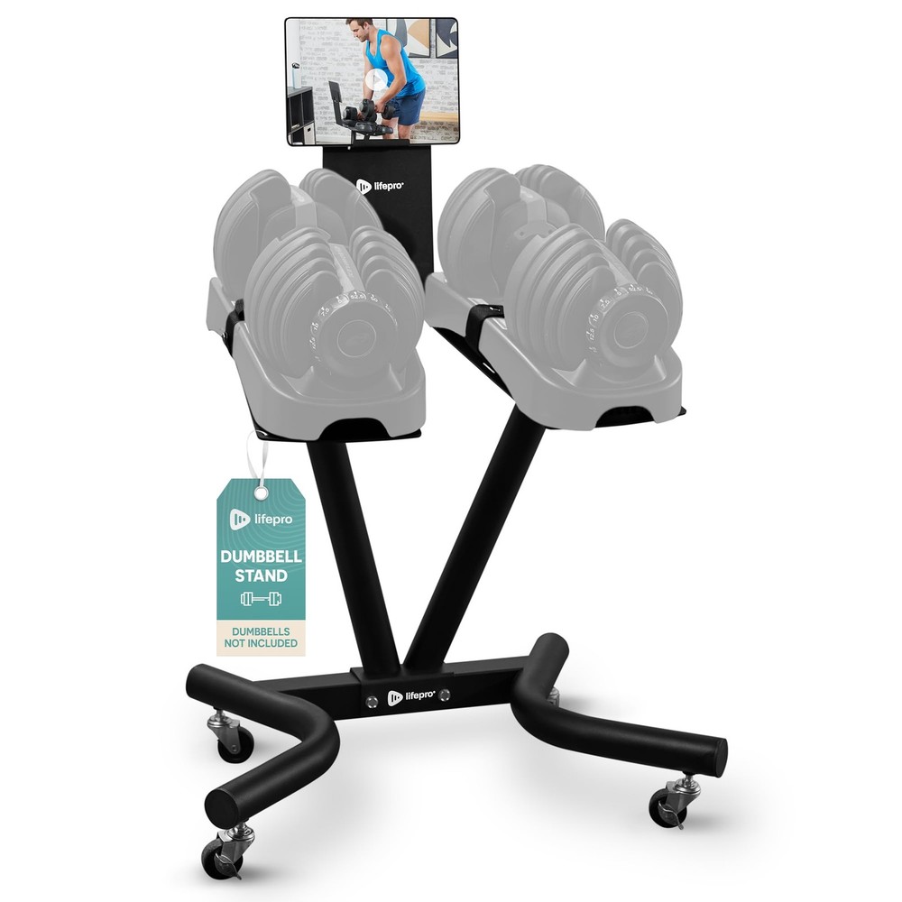 Adjustable Dumbbell Stand with Wheels & Tablet Holder - Space-Saving Rack