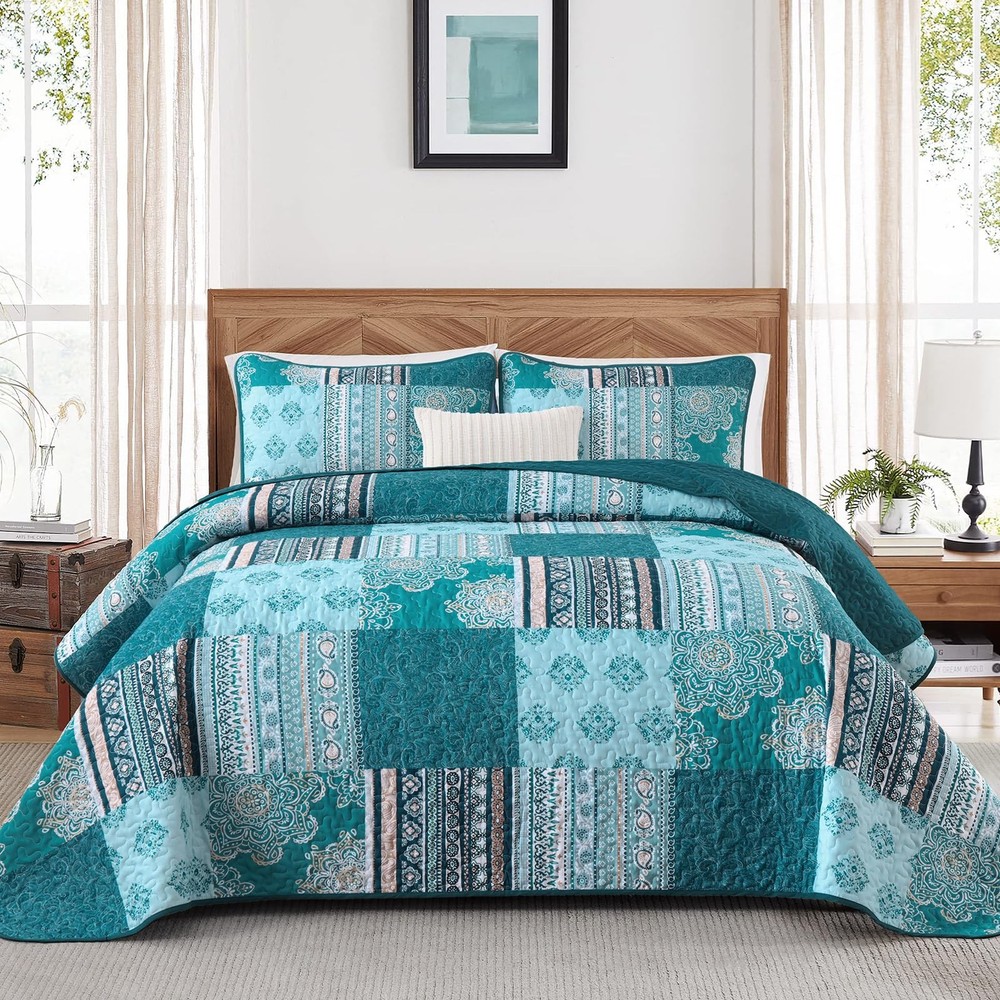Dintszyayue Teal Patchwork Quilt Set King Size,3 Pieces Turquoise Boho Bedspread