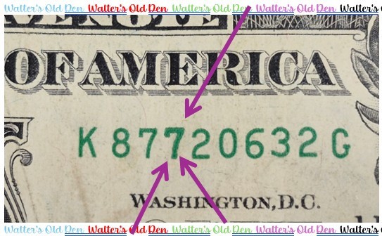 2013 One Dollar Note Over Inked Serial Number, "7"