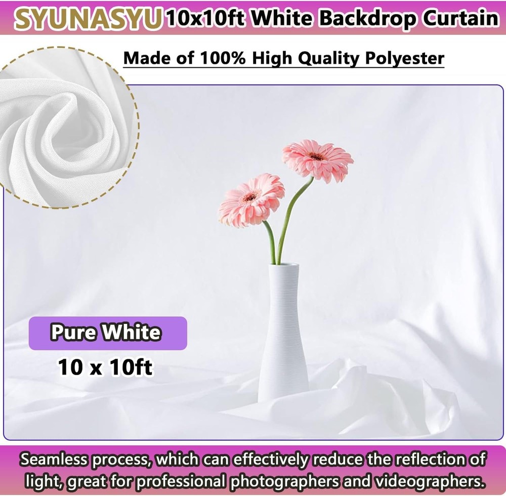 Photo Backdrop White 10 x 10ft, White Backdrop for Photoshoot, Solid White Ph...
