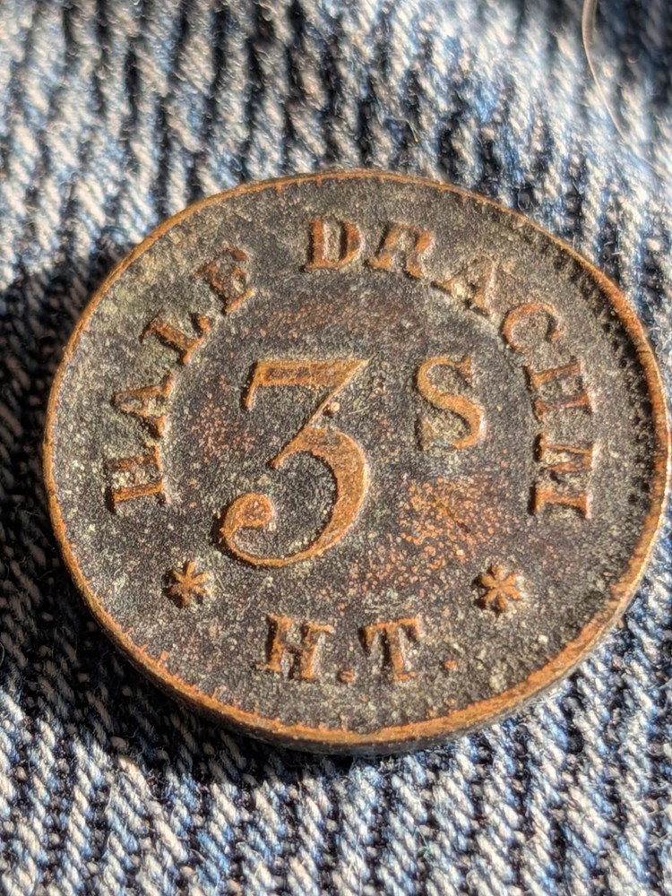 Half Drachm H.T.  Apothecaries Weight Token