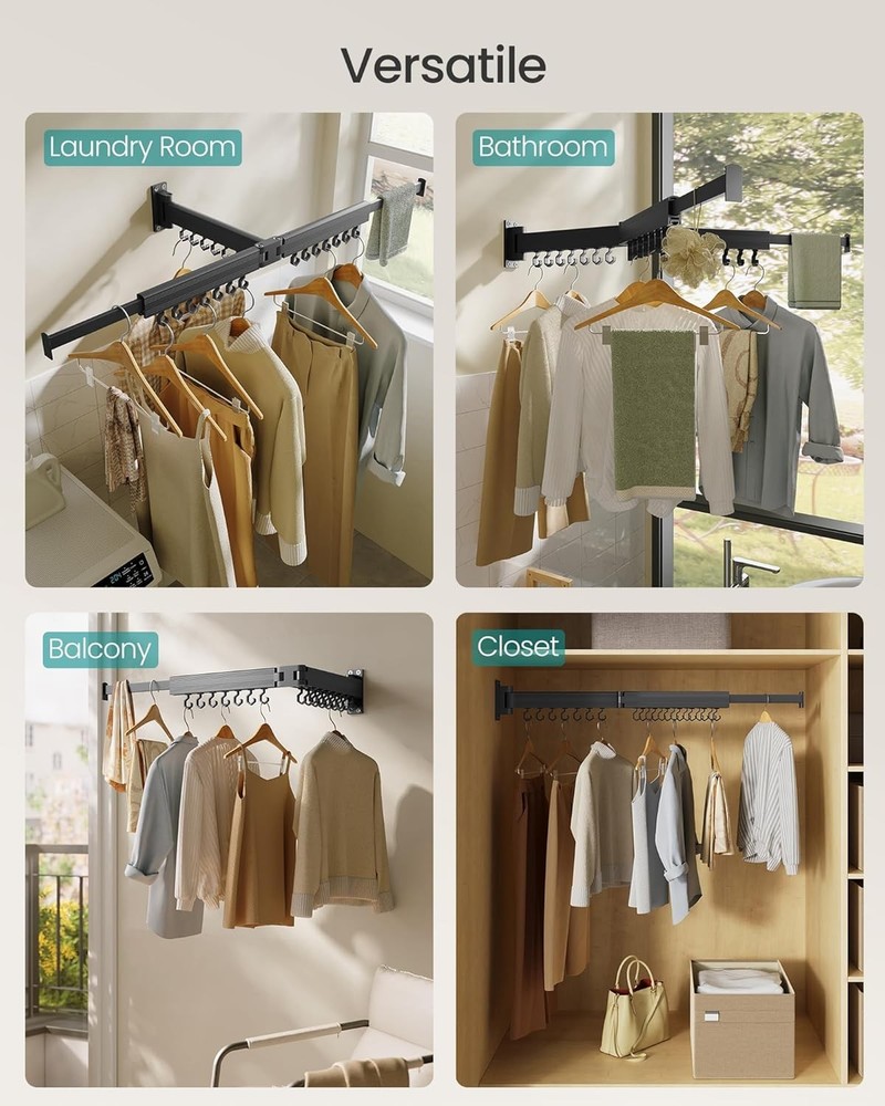 Wall-mounted drying rack, retractable drying arm with 21 swivel sliding hooks