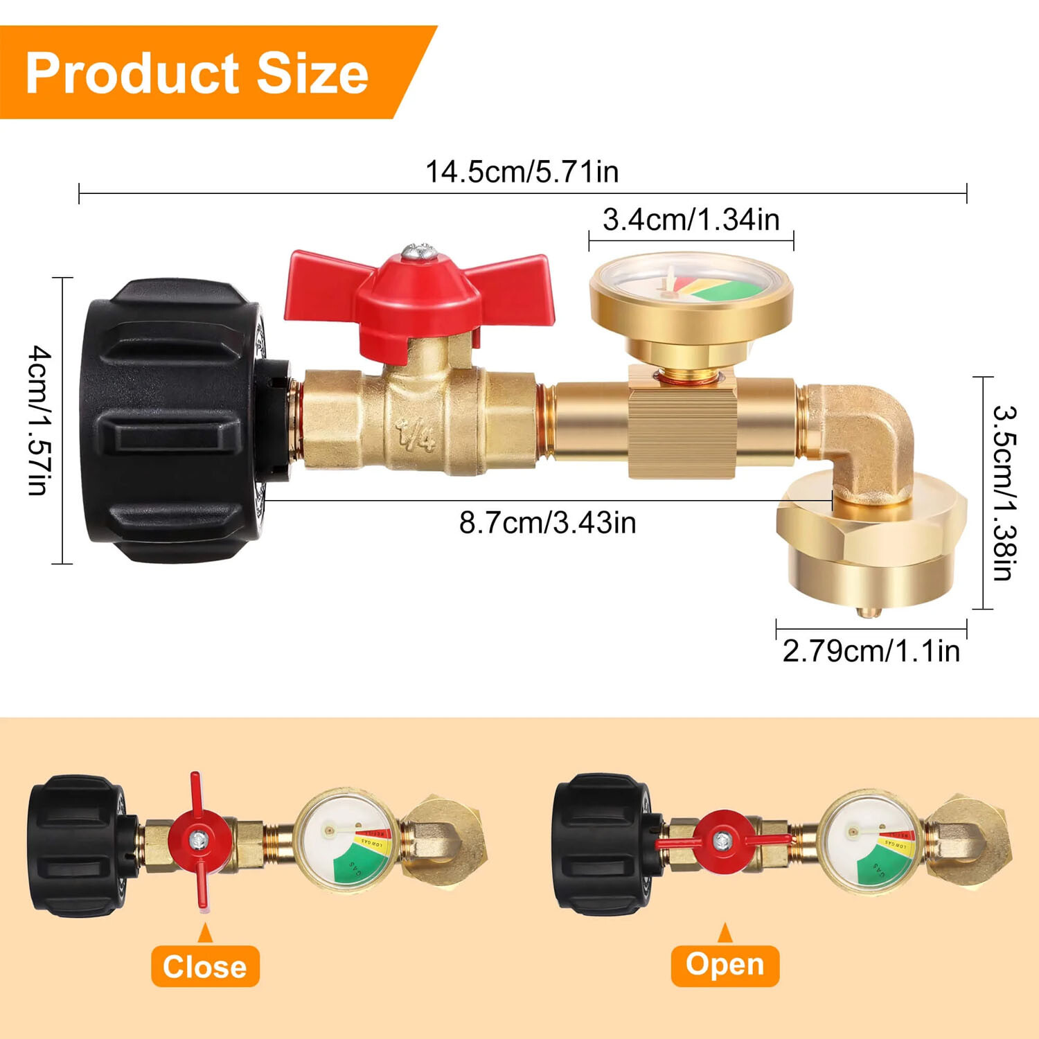 Propane Refill Adapter with Valve and Gauge Fill 1 Lb Bottle From 20 Lb Tank 90°