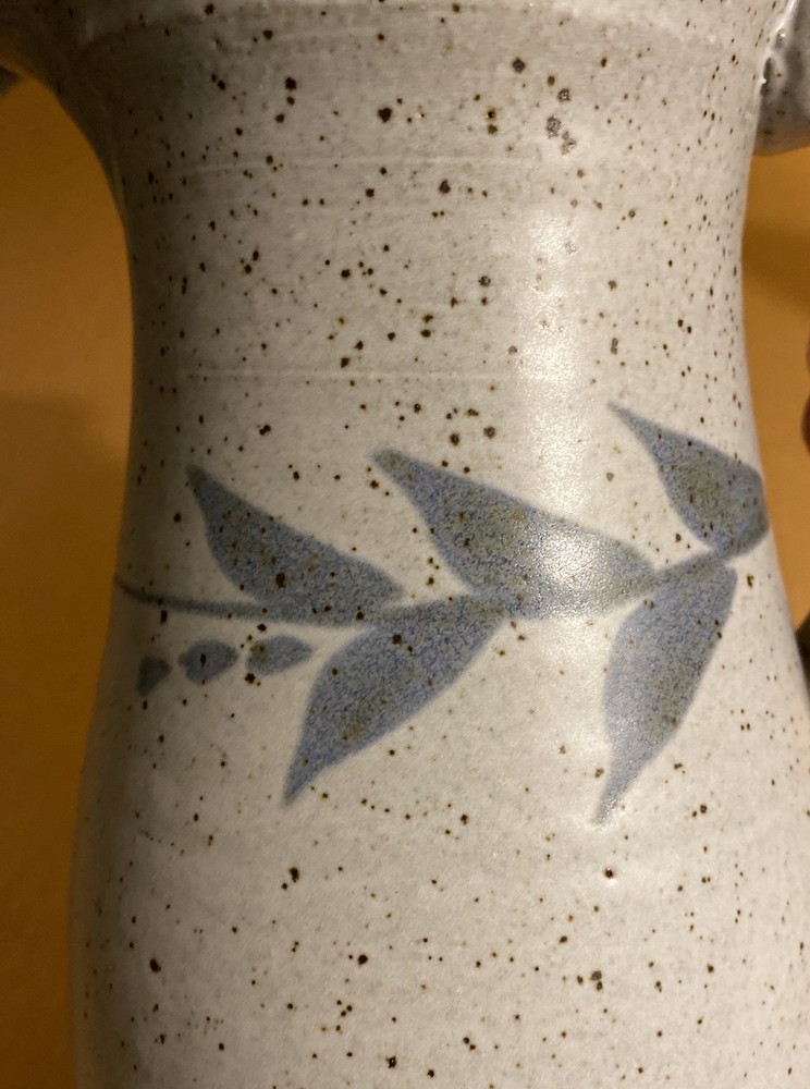Light Colored Pottery Pitcher With Leaf Design Signed 8 1/4" (See Description)