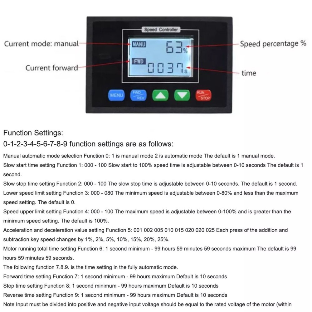 12V-48V PWM Motor Controller 40A w/ Timer Forward Reverse LCD Slow Start Stop
