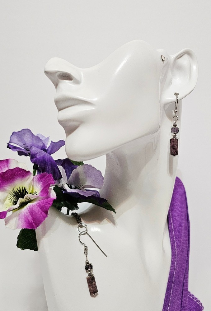 Purple Lepidolite Gemstone Beaded Handmade Silver Dangle Boho Earrings