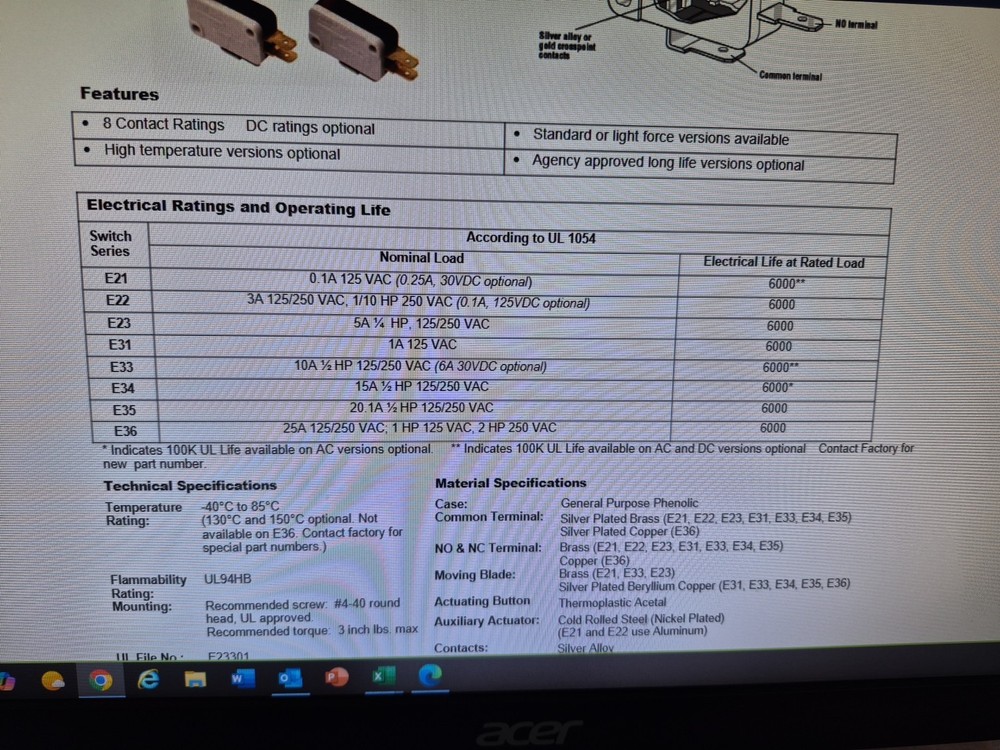 E3400A0 Cherry Electronics 15A Microswitch Snap Acting Lot Of 5