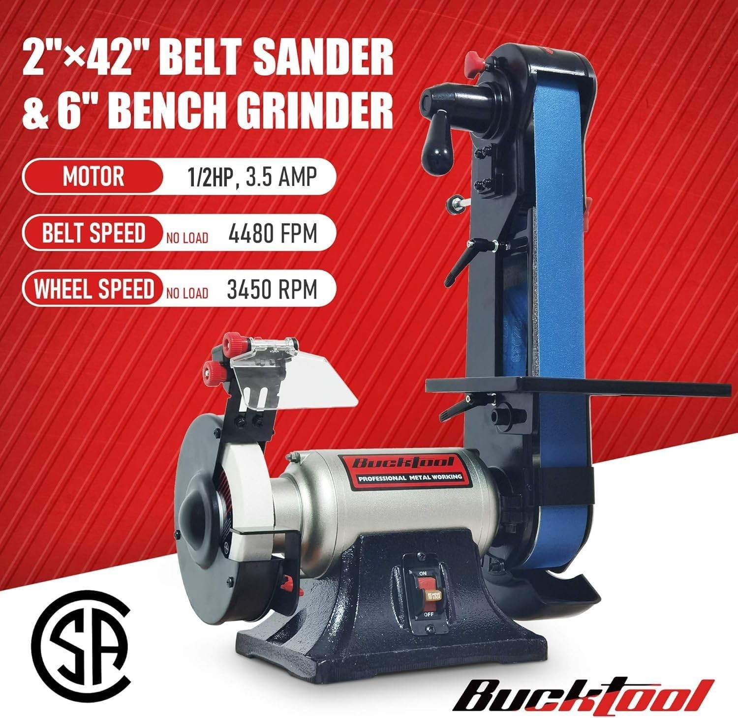 Bucktool Combo 2" x 42" Belt Sander 6" Bench Grinder, Knife Sharpener BG2600