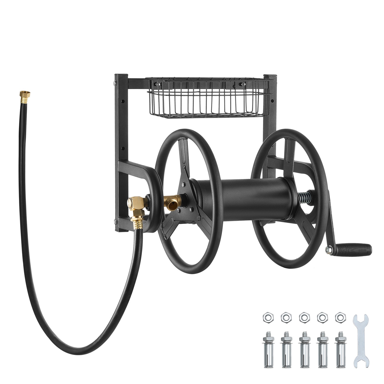 Wall Mounted Garden Hose Reel 125ft 5/8 in Hose Holder Brass Fitting & Basket