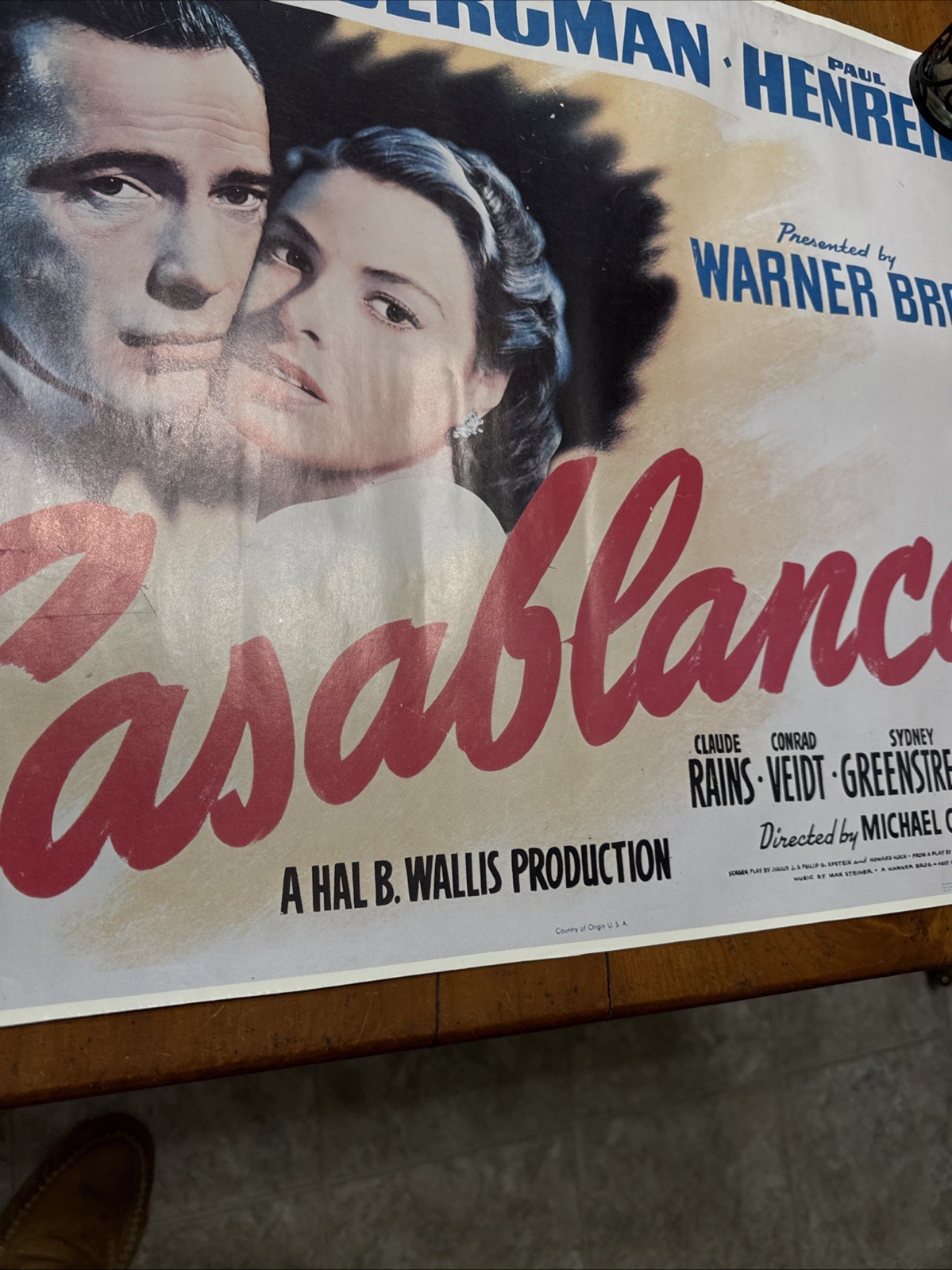 Vintage Casablanca Movie Poster 23 x 18 3/8 Inches