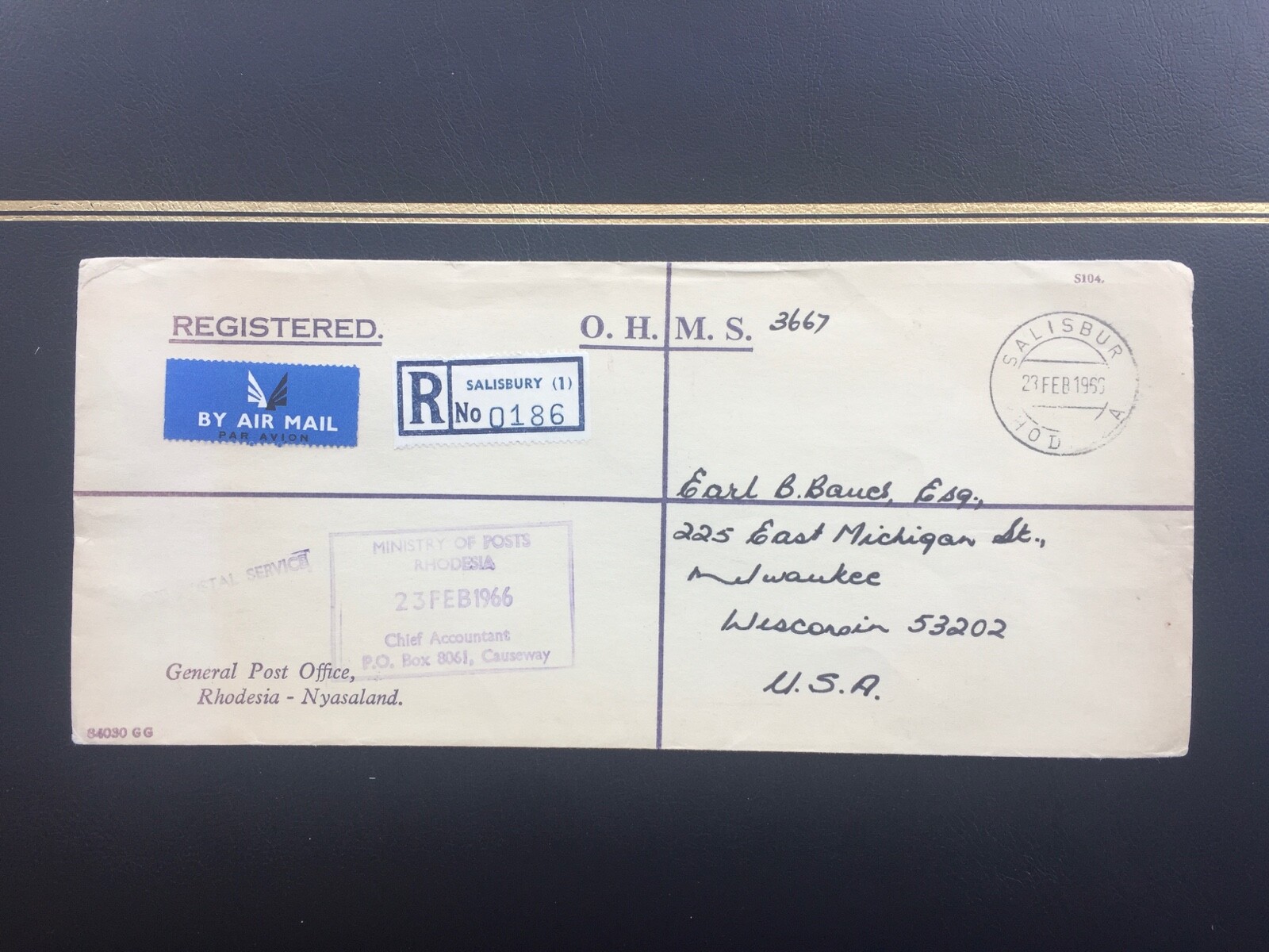 Rhodesia 1966 Post-UDI Registered OHMS Cover - Salisbury to USA - Official Mail