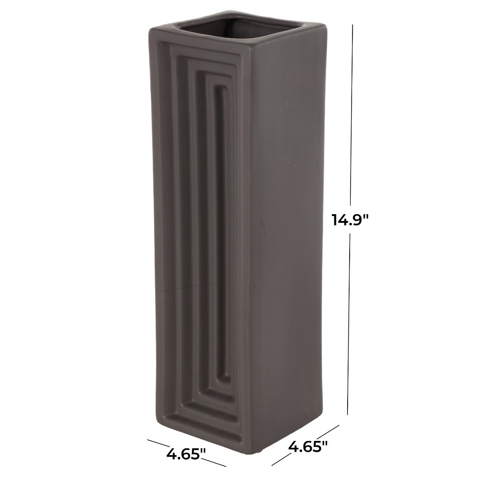 15" Geometric Concaved Rectangular Black Ceramic Vase