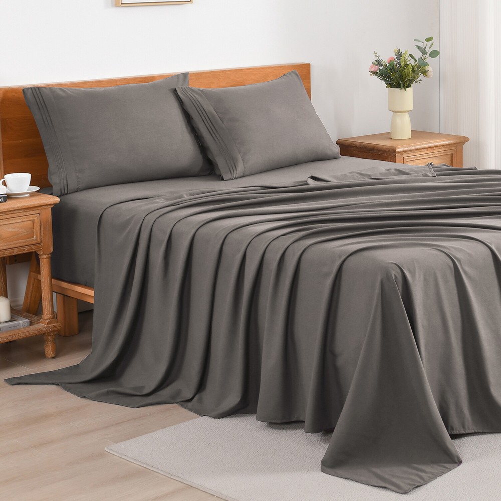 4 Pcs Soft Solid & Embroidery Bed Sheets Set Hotel Luxury, Cooling Bed Sheets