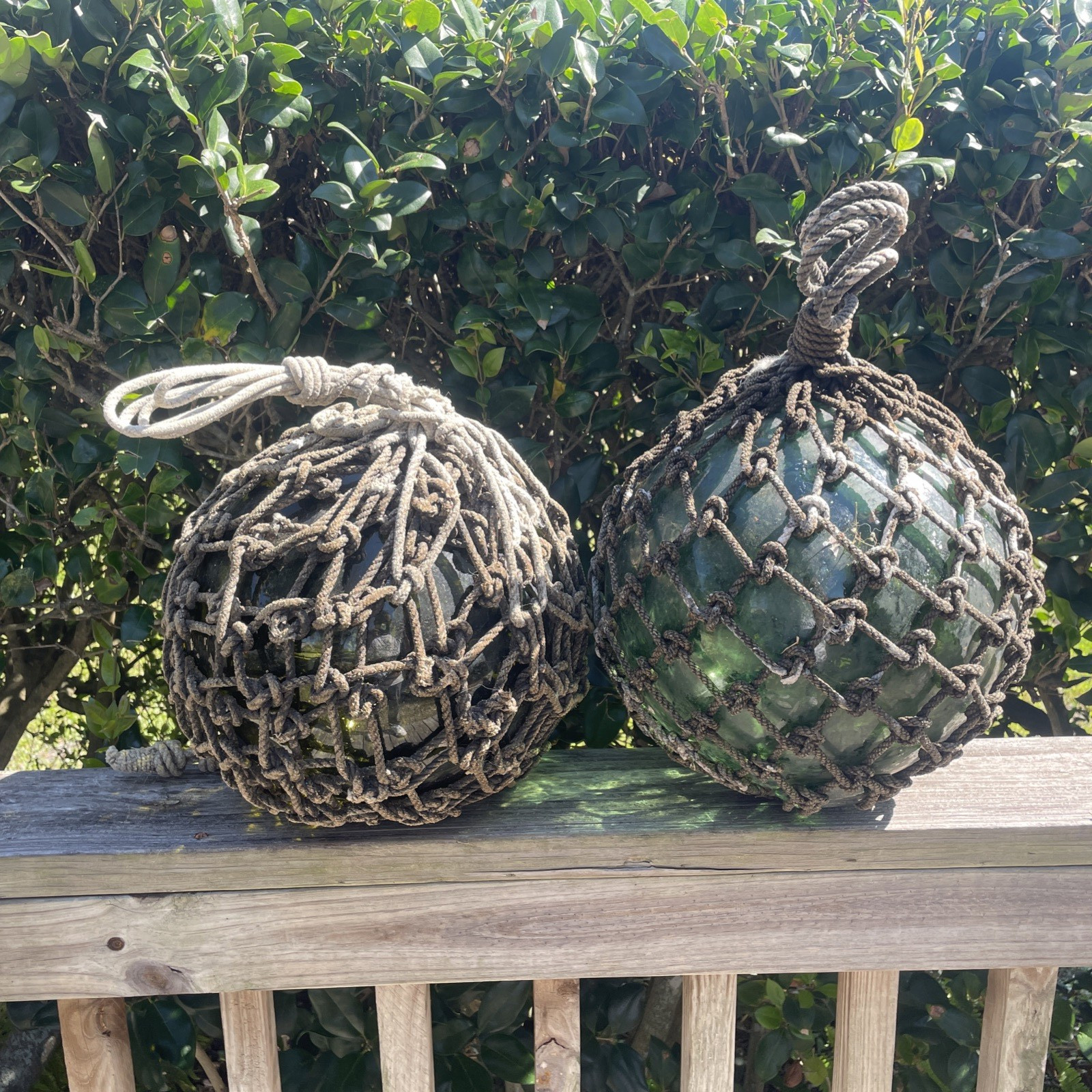 Japanese Large Glass Fishing Float Buoy Ball Net Vintage, Green