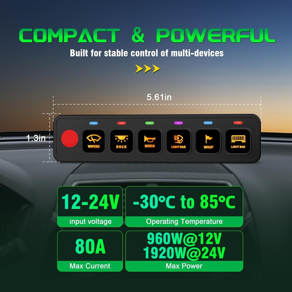 6 Gang Switch Panel AS60, Circuit Control Power Relay Box, 4 Modes Toggle Mom...